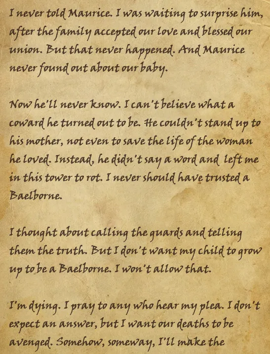 "…Baelborne&rsquo;s pay." Lost love, lost baby, lost life. You get to see the tragedy played out in flashbacks, too!