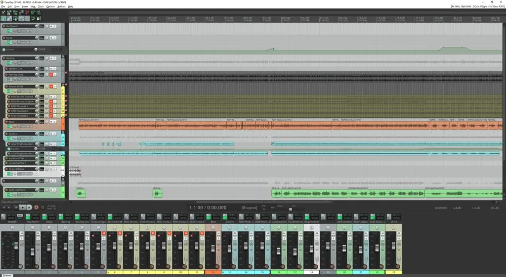 REAPER DAW interface with multiple audio and MIDI tracks, waveforms, timeline, and mixer for music production.