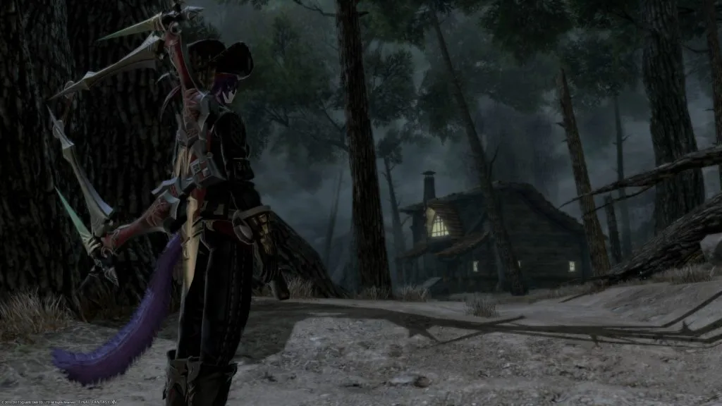 A little haunted forest in The Fringes called Dimworld. That torture device on her back is actually a bow.
