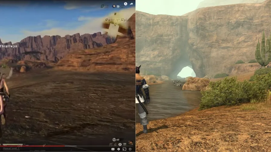 Left: Screen capture from YouTube video (1.x). Right: Screenshot from current game (4.x). Admittedly it was "foggy" when I took the screenshot but it illustrates the difference I&rsquo;m talking about. It&rsquo;s sort of like the difference between a regular and an HDR photo.