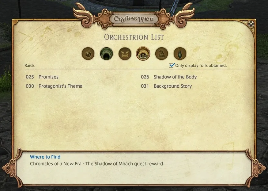 Here we have to identify the Orchestrations by name, there are no icons to look at. The "only display rolls obtained" checkbox helps whittle down the list a little.