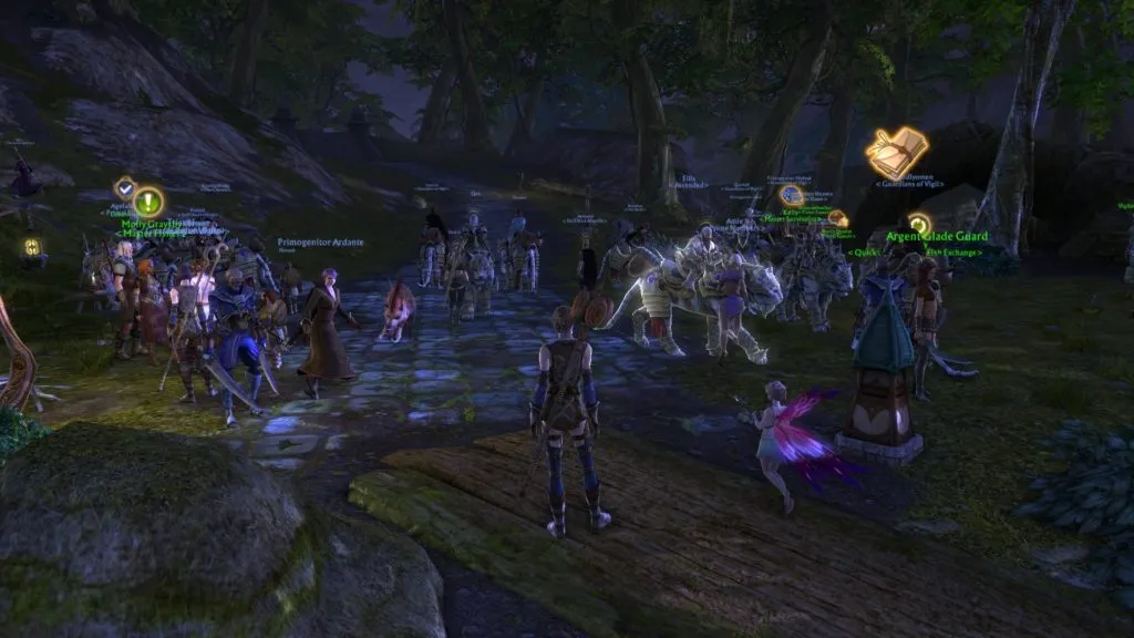 Here was the fishing hub a bit north of the first porticulum, where the planar goods vendors and the horse vendor are. If you stood here, you would have been run over by invasions roughly every five minutes, and probably could have seen a rift up and running, mobbed with people, every single moment of your game time.