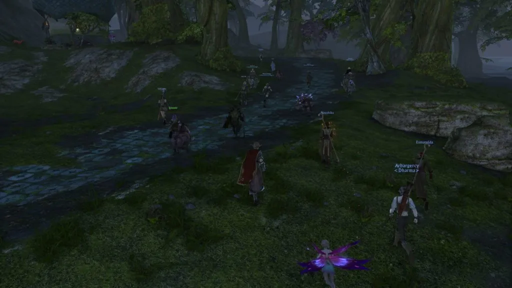 Some of the masses of people running-running! on foot!-to the zone event boss in Silverwood on Wednesday evening. (This was still around level 8.)