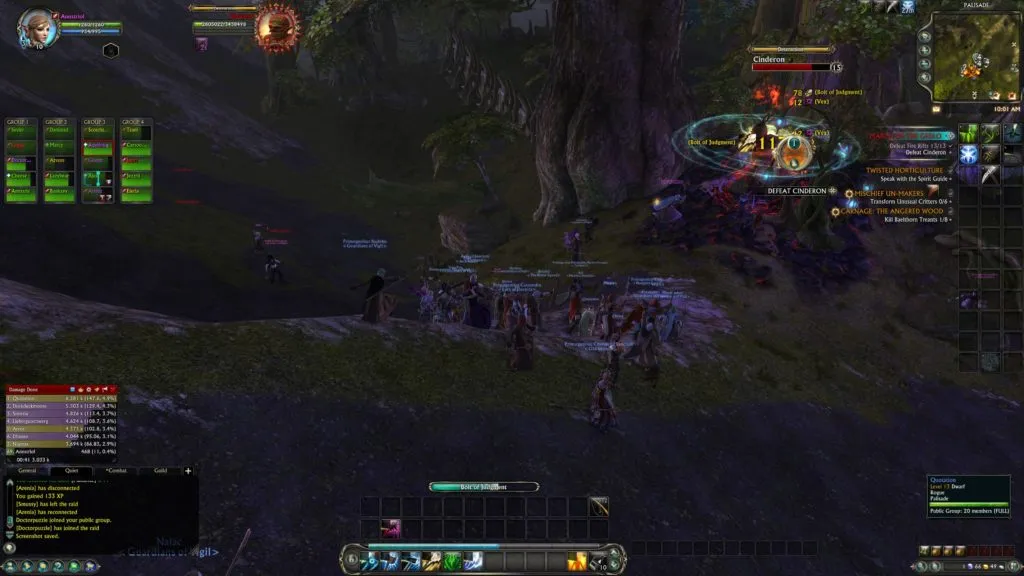 Here we are killing zone boss Cinderon, something that I did probably a dozen times or more. I am level 10 here. Notice that my raid is full of 20 people, yet you don&rsquo;t see many purple names on the screen, so there were *many* raids full of people there at the time, and the game couldn&rsquo;t even render them all. I am level 10 here, on Thursday, and still didn&rsquo;t even have a horse.
