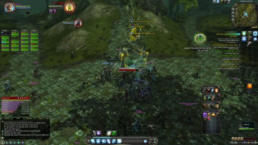 Here we are trying to kill an Aelfwar Idol with 10 million hit points, which took a good 15 minutes. I even recorded some video of this particular event. I was level 13 at the time. There were probably close to 200 people here. It was unbelievably laggy. :)