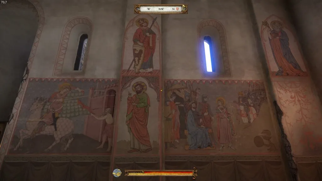 For me, the churches were the most amazing places to look at in the game. I don&rsquo;t know enough about religious iconography to know if these are authentic or gibberish, but they sure look convincing. These are the walls from inside a small church in Sasau.