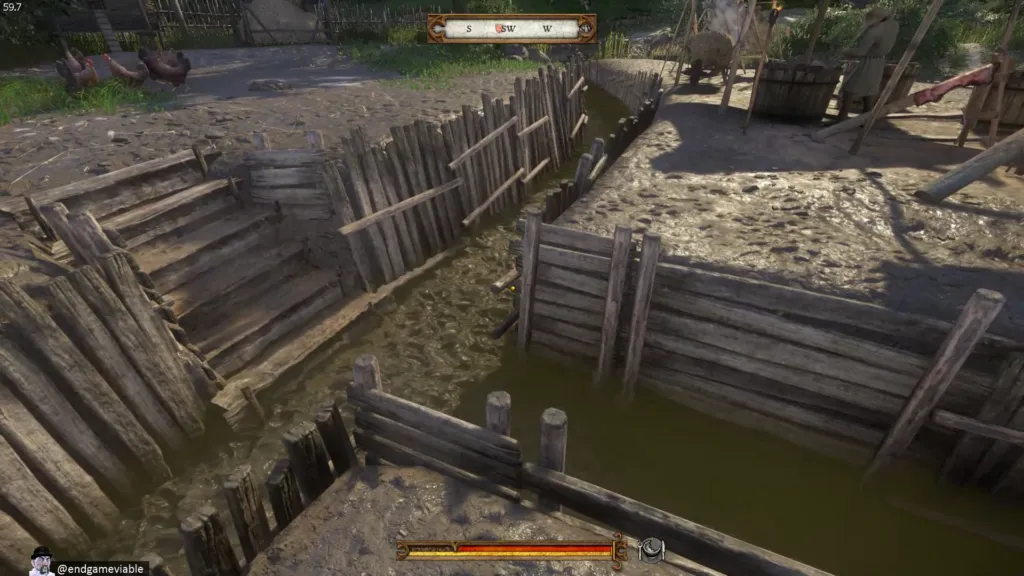 I really enjoyed trying to puzzle out how medieval people used the constructions seen in the game. Here is a series of trenches filled with water that I can only guess was used as some kind of a disposal system for the tanner.