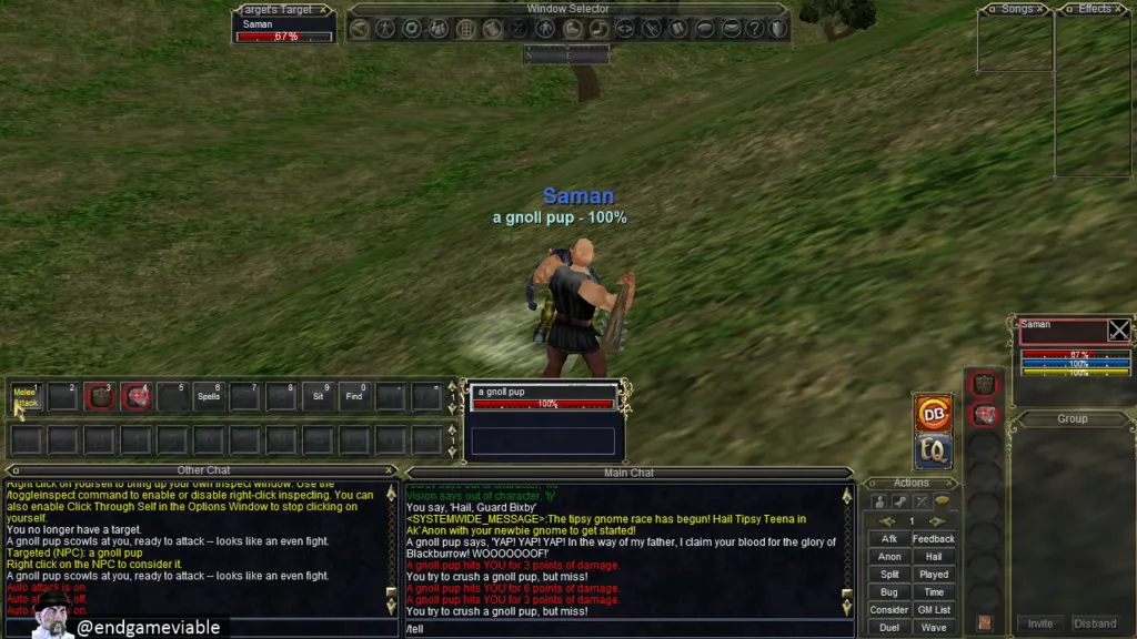 Crushing a gnoll pup in Qeynos Hills, the first of my two combat victories in the first two hours.