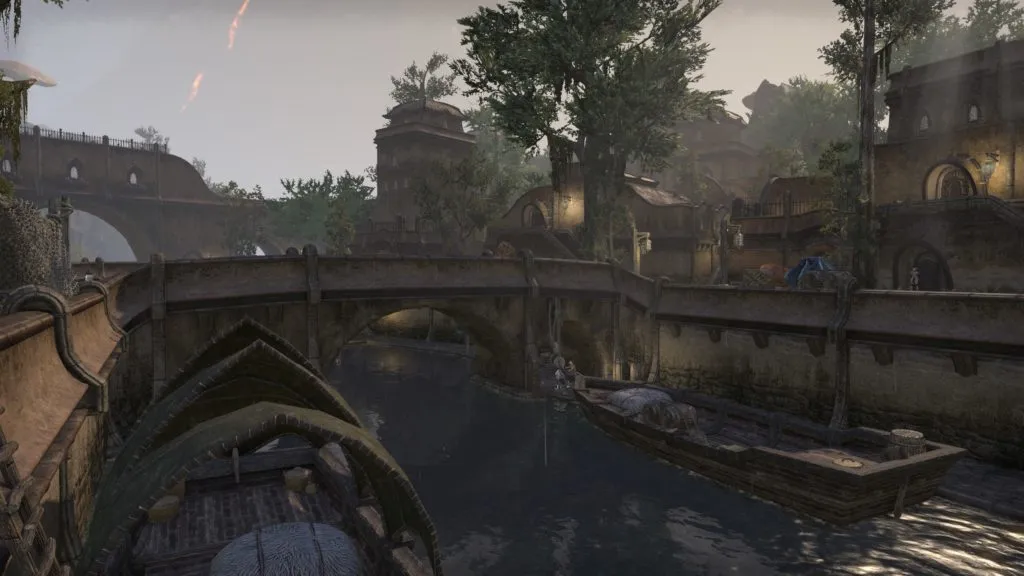 I couldn&rsquo;t get a precise match because of buildings in the way, but here is the same Balmora canal in ESO, also looking roughly northeast. I didn&rsquo;t even recognize this as the same place. It&rsquo;s been completely razed and rebuilt apparently, and shrunk in the process.