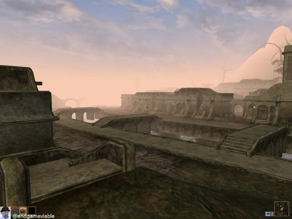 Here is a view to the northeast* across the canal in Balmora from The Elder Scrolls III. *Updated to get my directions straight.