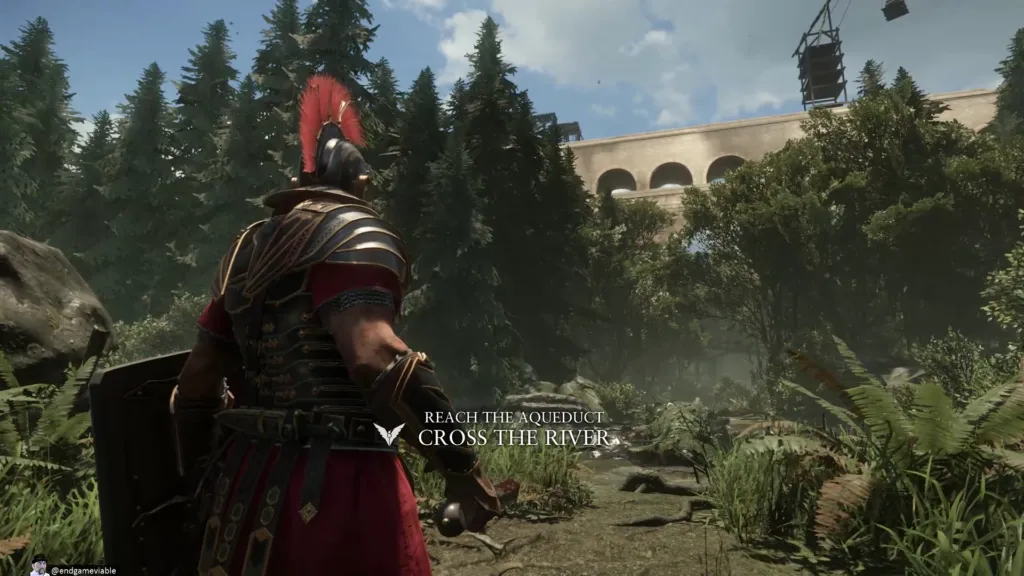 Third-person over-the-shoulder view of the lush (and imaginary) world of Britannia.